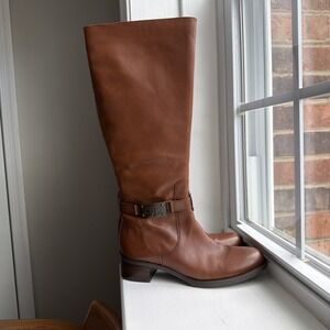 Etienne Aigner English Tan Leather Knee-High Riding Boots, 1.5 Inch Block Heel